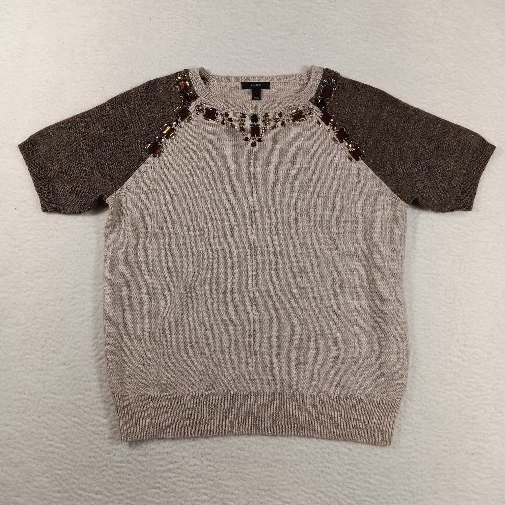 J Crew Sweater Womens Large Tan Raglan Sleeve Alpaca Merino Wool Blend Jeweled